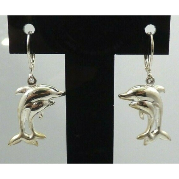 Dolphin Pendant Brooch Jewelry Set Pierced Earrings Silver Tone Vintage Shiny! - Picture 4 of 12